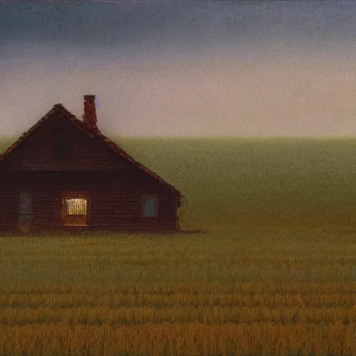 Image similar to An American house on a field with a skinwalker hidden oil painting in style of Zdislaw Beksinski