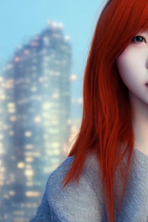 Prompt: hyperrealistic portrait of stunningly beautiful redhead korean girl, lit in a dawn light, busy city on background, trending on artstation,ultrawide angle, f8 , polarizer , unreal engine