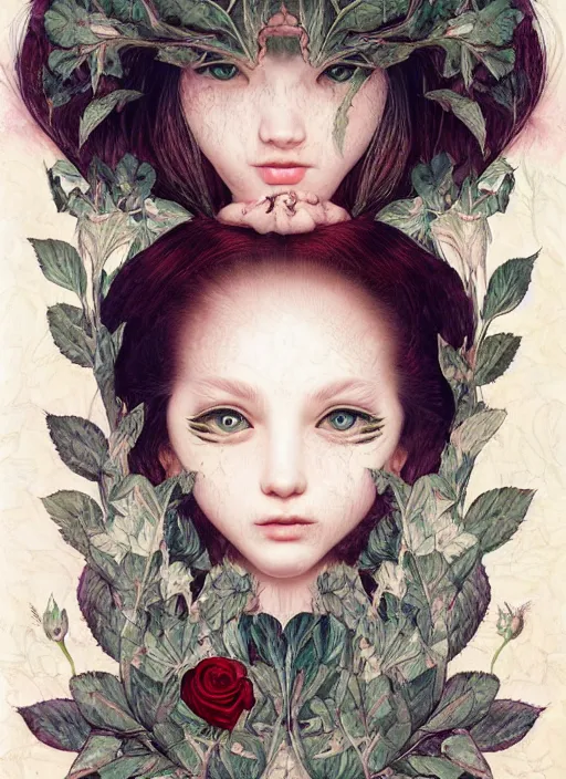 Image similar to white girl, cat eye, botanical, rose, portrait face, colorful, kupka, intricate, miles johnston, kuroda seiki, ozabu, godward, painterly, yoshitaka amano, moebius, miles johnston, louise zhang, james jean, mark ryden lowbrow pop surrealism art style