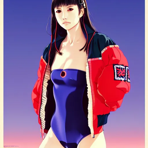 Image similar to a beautiful japanese natalie portman gravure model, wearing oversized native designer bomber jacket and leotard, bulky poofy bomber jacket with mesoamerican patterns, mesoamerican native street fashion, gapmoe yandere grimdark, trending on pixiv fanbox, painted by greg rutkowski makoto shinkai takashi takeuchi studio ghibli, akihiko yoshida