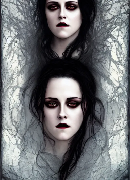 Image similar to portrait Kristen Stewart as a dark goth magician of the magic of darkness, full length shot, shining, 8k highly detailed, sharp focus, illustration, art by artgerm, mucha, bouguereau