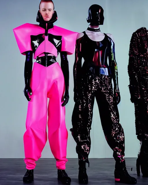 Image similar to an award winning fashion photograph leaked screenshot of Balenciaga's fashion week 2049 campaign by Demna Gvasalia, cyberpunk, futuristic, Bladerunner 2049, dazzle camouflage!, dayglo pink, dayglo blue, raven black