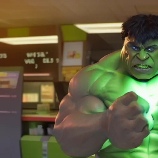 Prompt: the incredible hulk working as a 7/11 cashier and wearing a uniform, macro, wide shot, dramatic lighting, octane render, hyperrealistic, HD