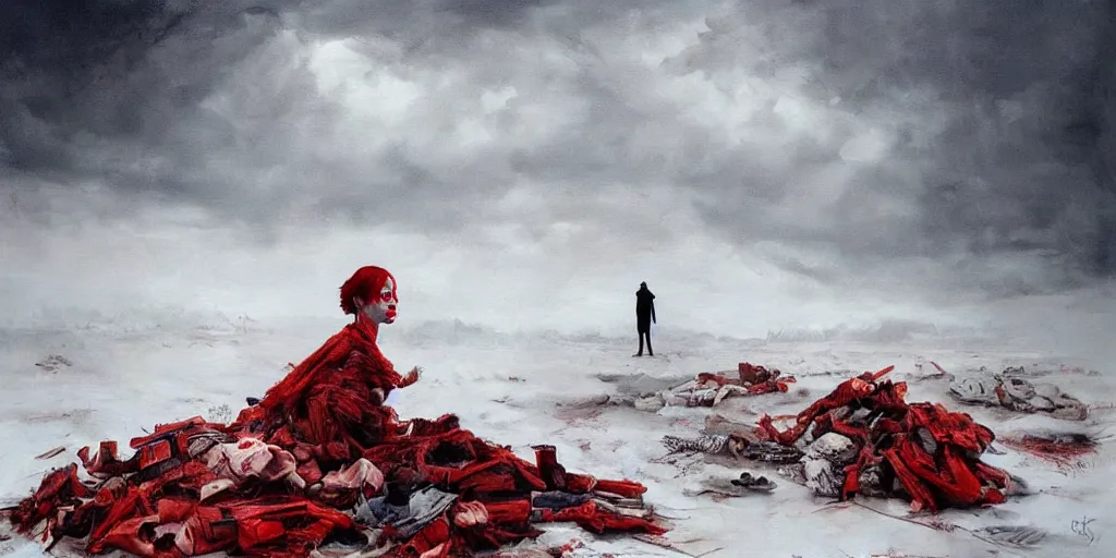 Prompt: a surrealist painting of a lonely woman with white skin and red hair standing over pile of bodies in post apocalyptic snowy landscape painted by beksinsk