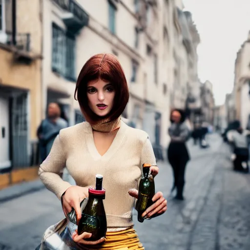 Image similar to photograph of woman holding a bottle in street, fashion shoot, award winning, kodak, 4 k, realistic intricate detail, hyper detail, woman very tired, full body potrait holding bottle, hazel green eyes, realistic, highlydetailed, natural, masterpiece, sharp focus, jennysaville