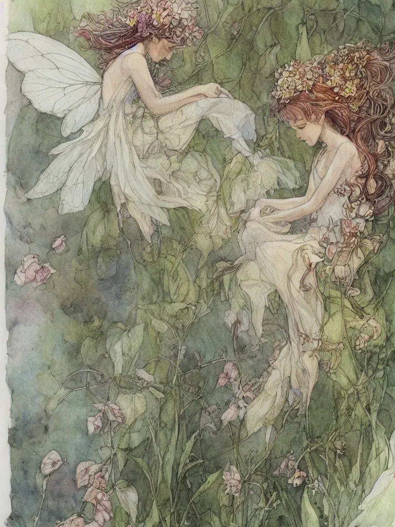 Image similar to annotated study of a flower fairy, illustration, watercolor, alan lee, detailed, pretty, ethereal,