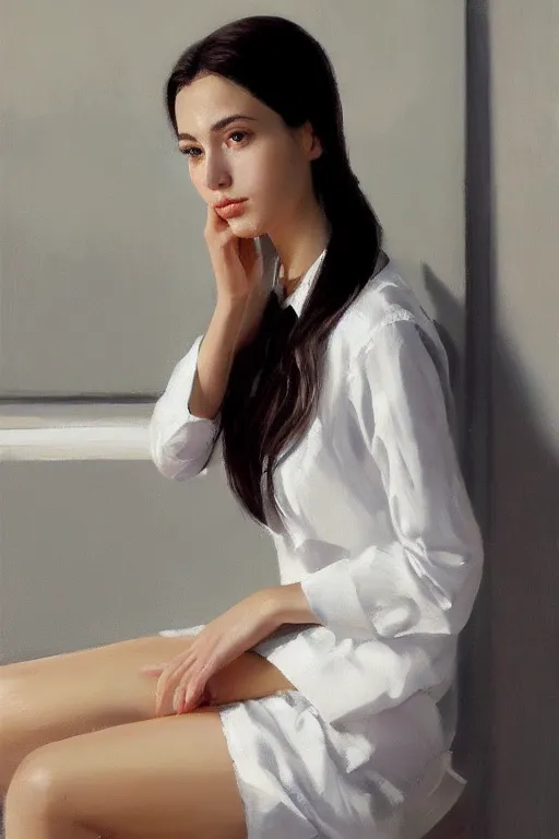 Image similar to a ultradetailed beautiful portrait panting of a stylish woman sitting in a bath, she is wearing a white shirt with a tie, oil painting, by ilya kuvshinov, greg rutkowski and makoto shinkai