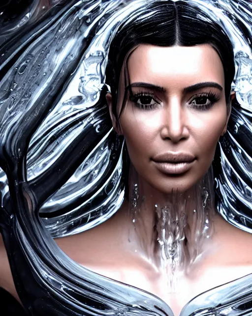 Image similar to epic full - shot still of kim kardashian unconscious in a transparent alien liquid, wet flowing hair, gooey skin, illustration, unreal engine 5, 8 k, made by h. r. giger.