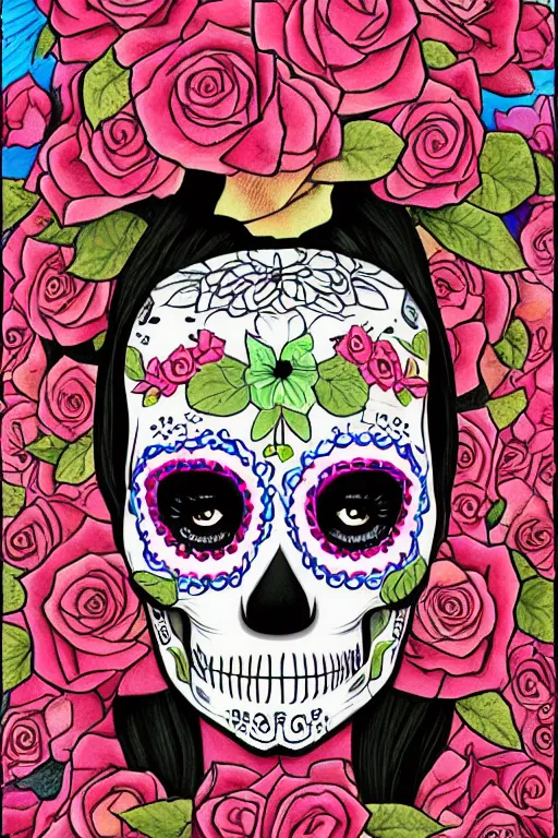 Image similar to illustration of a sugar skull day of the dead girl, art by kazuhiko nakamura
