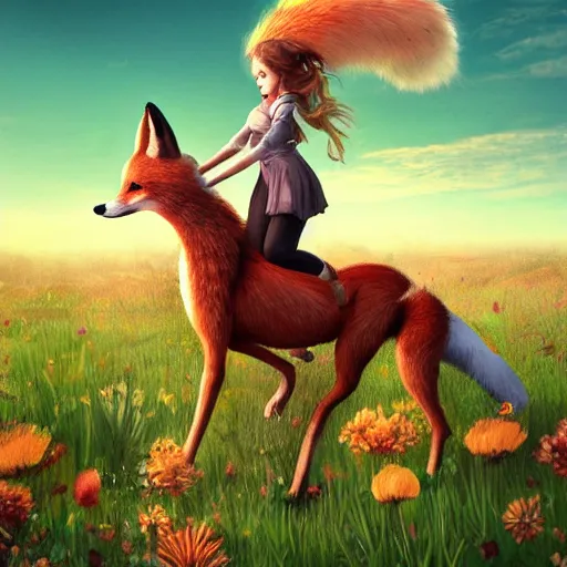 Image similar to girl riding a giant fox in a field of flowers, trending on artstation