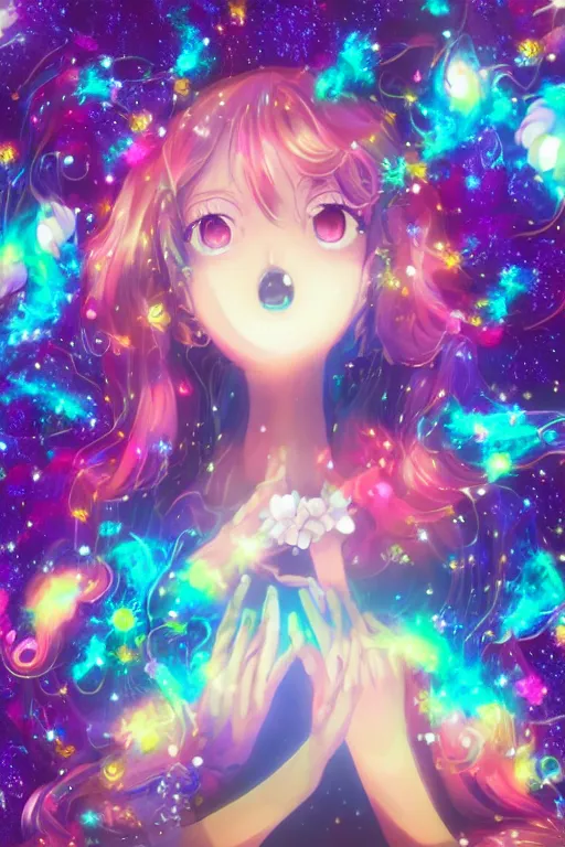 Prompt: psychedelic, whimsical, anime, 4k, beautiful intimate woman blowing smoke, with professional makeup, long trippy hair, a crystal and flower dress, sitting in a reflective pool, surrounded by gems, underneath the stars, rainbow fireflies, trending on patreon, deviantart, twitter, artstation, volumetric lighting, heavy contrast, art style of Ross Tran and Miho Hirano anc Ilya Kuvshinov