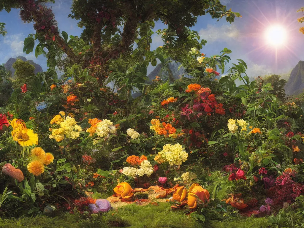 Image similar to sunlight study, the universe is a spheroid region 7 0 5 meters in diameter of kauai wildflower undergrowth, art nouveau, by cornelis de heem and ( ( ( ( ( lisa frank ) ) ) ) ), 8 k, sharp focus, octane render