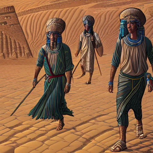 Image similar to highly detailed illustration of people in ancient canaanite clothing walking in the deserts of ancient egypt by makoto shinkai, by oliver vernon, by joseph moncada, by damon soule, by manabu ikeda, by kyle hotz, by dan mumford, by otomo, 4 k resolution