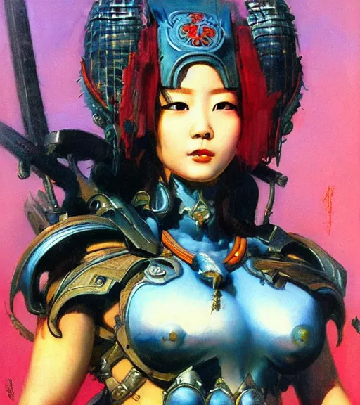 Image similar to portrait of strong korean female chaos angel, beautiful! coherent! by frank frazetta, by brom, strong line, vivid neon color, spiked scrap metal armor, iron helm maximalist