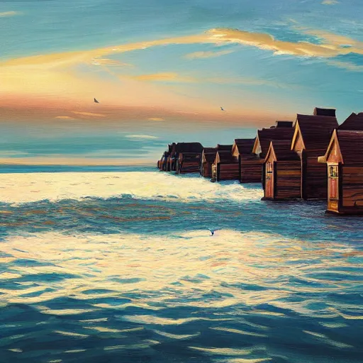 Prompt: wood houses floating on the ocean, RHADS, sharp image, 8K HD