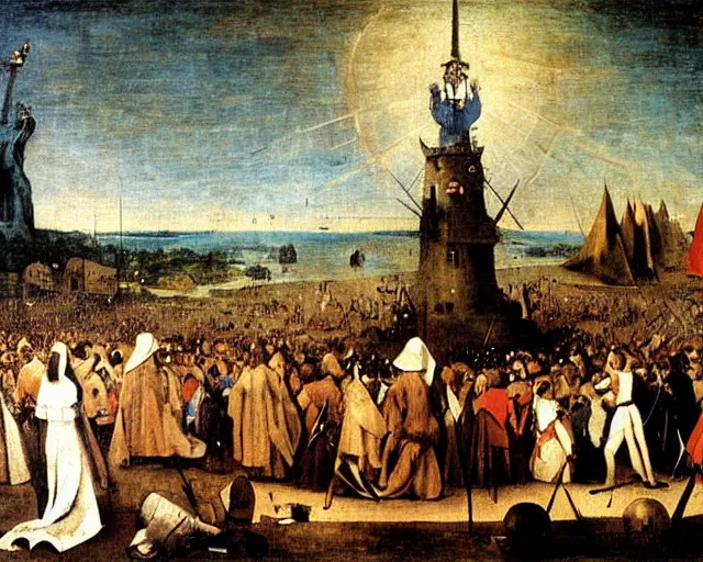 Prompt: Liberty Leading The People By Eugène Delacroix painting by Hieronymus Bosch