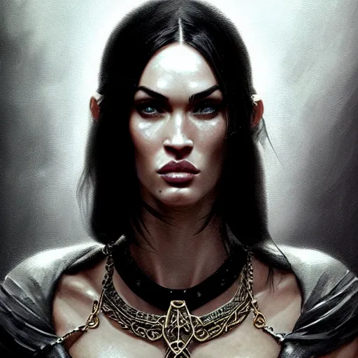 Prompt: portrait of megan fox, muscular upper body, collar, blindfold, greek, jewelry, black dress, fantasy, intricate, elegant, highly detailed, digital painting, artstation, concept art, matte, sharp focus, illustration, art by aenaluck and roberto ferri and greg rutkowski, epic fantasy, digital painting