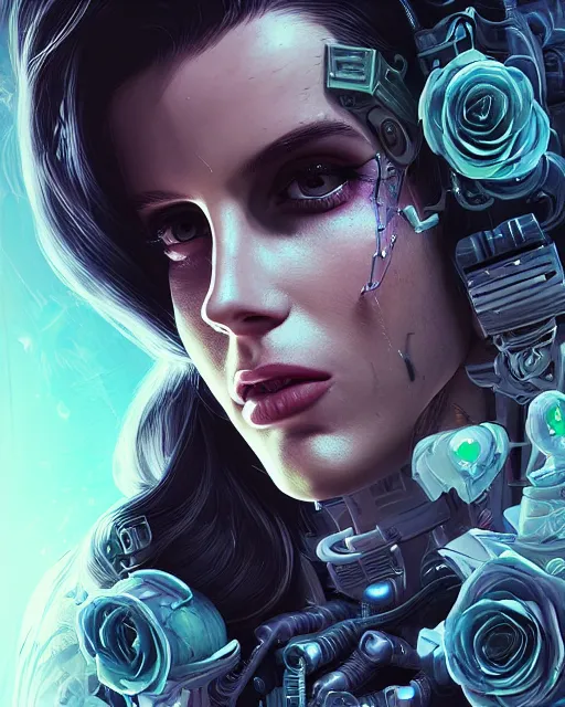 Image similar to portrait of lana del rey as a cyberpunk cyborg. roses, sci - fi, intricate abstract, upper body, intricate artwork, by tooth wu, wlop, beeple, dan mumford. concept art, 8 k octane render, deviantart, greg rutkowski, cinematic, key art, hyperrealism, iridescent accents