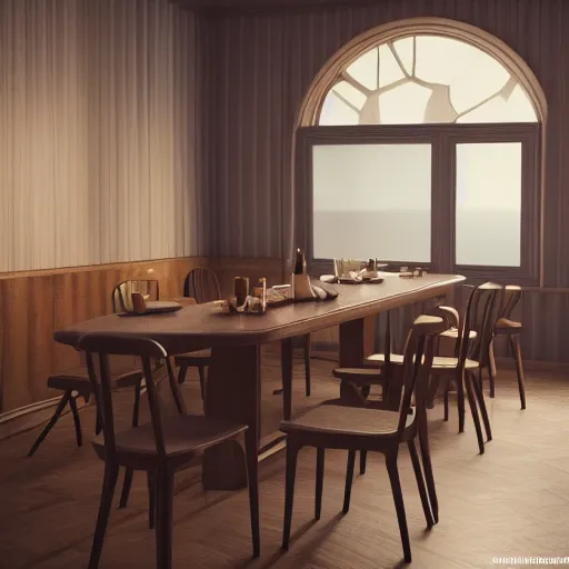 Image similar to hugward dinning room. just before the selection. artstation, photorealistic, hyperrealistic, cinematic, artstation, octane render, 8 k