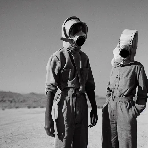 Prompt: two people wearing gasmasks, tubes, in desert, industrial, dystopian, arriflex 35