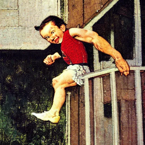 Prompt: close up portrait of dwarf jumping from balcony by norman rockwell, illustration, 5 0 mm lens,