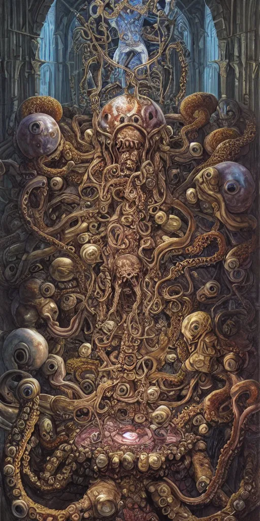 Image similar to mages with human bodies and magical armour with octopus heads sitting near the table in an ancient mage castle with enormous scale, gothic and baroque, brutalist architecture, ultradetailed, Intricate by James Jean and Josan Gonzalez and John Howe and Giuseppe Arcimboldo