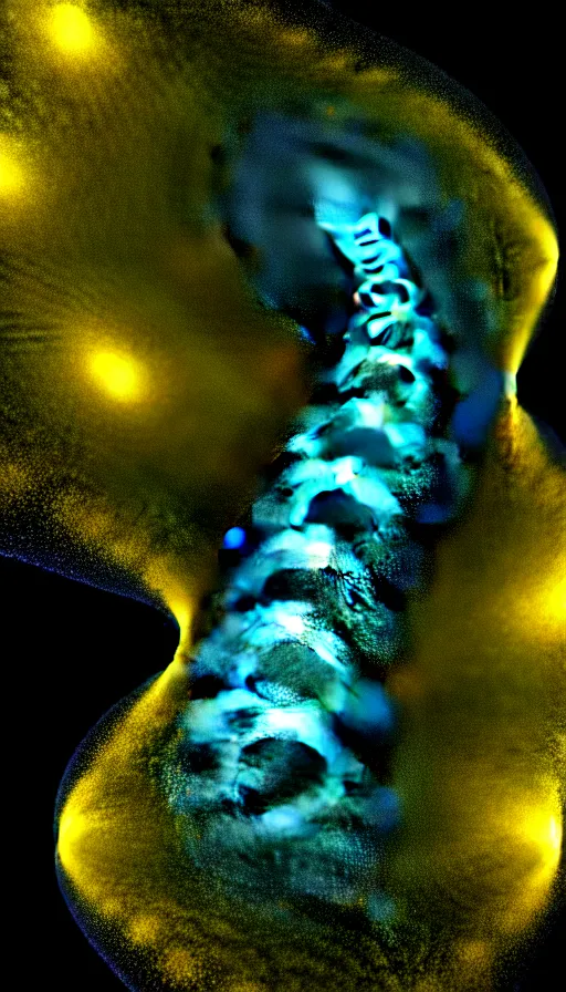 Prompt: 8 k uhd houdini recursive dna fractal structure, background smoke and bioluminescent swirling wisps, cream yellow blue gold palette, volumetric lighting, 1 8 mm lens