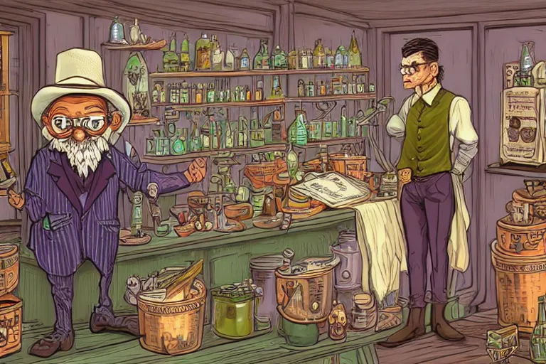 Prompt: Uncle Aloysius, snake oil salesman, wild west crypto pharmaceutical industrialist apothecary alchemist tinkerer engineer, cute, fantasy, intricate, elegant, highly detailed, digital painting, 4k, HDR, concept art, smooth, sharp focus, illustration, purple green color scheme, art by Ed Roth and H R Giger and Greg Rutowski and Lisa Frank