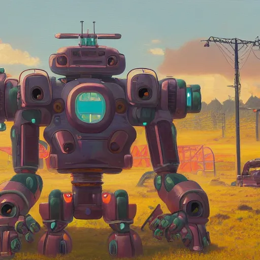 Image similar to an intricate oil painting of a giant anime robot with rounded and circular parts by simon stalenhag