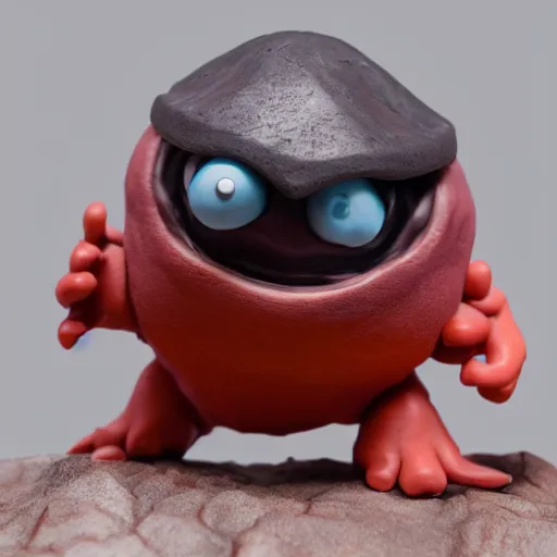 Image similar to photo of a comically tiny clay model of an angry baby rocky magma creature with a volcanic body and large childlike eyes leans close to the camera, fish eye lens, 4 k, hyper realistic, hyper detailed face, octane render, comedic, cute