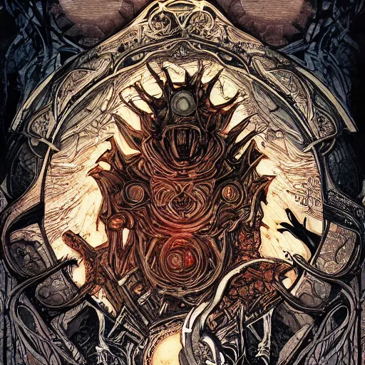 Image similar to art nouveau solar eclipse, chaos, night, rot, blood, epic art, dark souls, highly detailed and intricate, trending on artstation