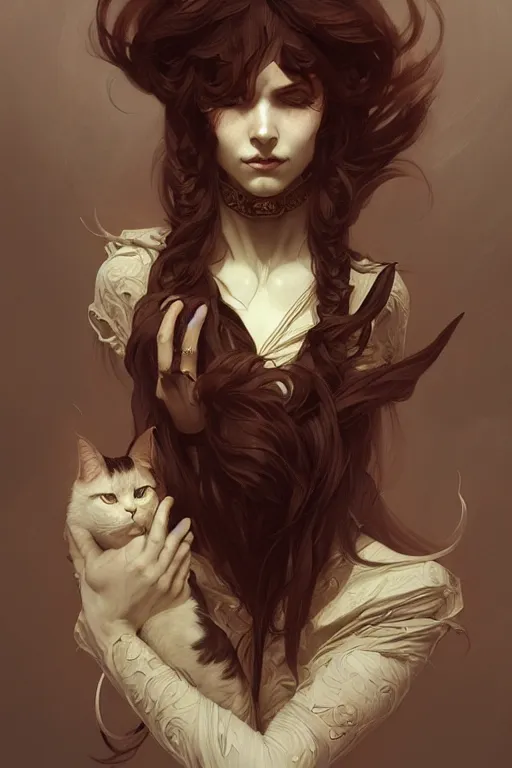 Prompt: A full portrait of occultist cat, intricate, elegant, highly detailed, digital painting, artstation, concept art, smooth, sharp focus, illustration, art by Krenz Cushart and Artem Demura and alphonse mucha