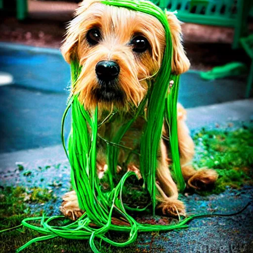 Image similar to green spaghetti dog cat hybrid photograph