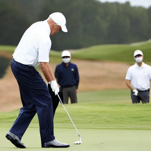 Image similar to joe biden holds the flagpin for xi jingping while he putts on a golf green. official media.