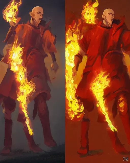 Image similar to [ [ [ [ [ [ squidward ] ] ] ] ] wearing fire nation clothing and practicing firebending outside at susnset, [ [ [ [ [ [ greg rutkowski ] ] ] ] ] ]