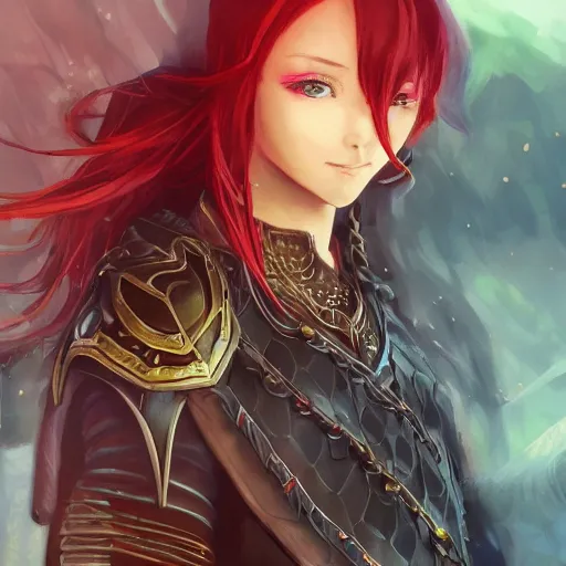 Image similar to a female elven cleric with red long hair in a very good beautiful heavy scale armor, wearing a cape, casting a fire spell, dungeon background, magical, bright, colorful, fantastic lighting, amazing details, 4 k uhd, illustration by hayao miyazaki and makoto shinkai and ilya kuvshinov, artstation, pixiv,