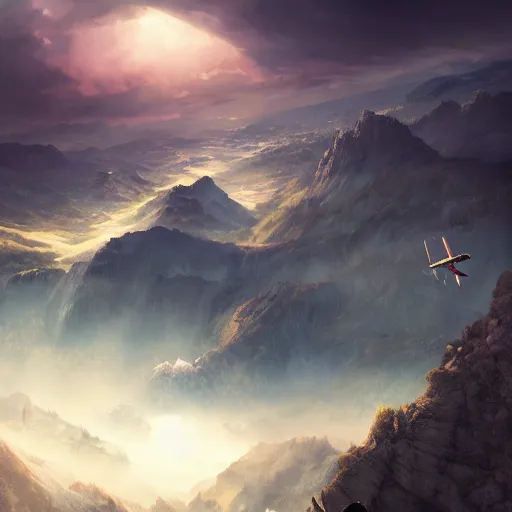 Prompt: flying high on a mountain, the valley beneath, dynamic lighting, photorealistic fantasy concept art, trending on art station, stunning visuals, creative, cinematic, ultra detailed