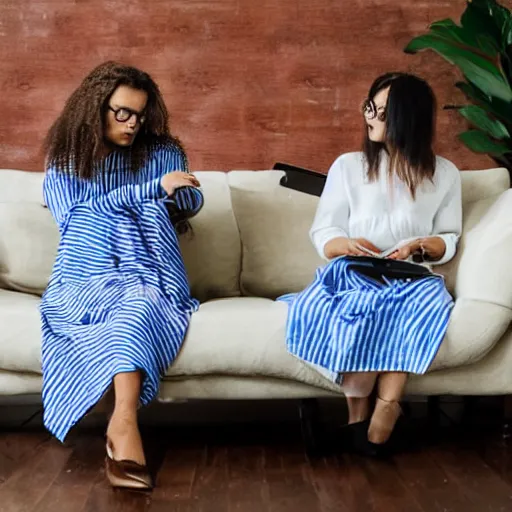 Prompt: a woman in a white and blue striped dress and a hipster argue about iphones on a sofa