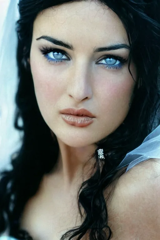 Prompt: young arab Monica Bellucci, blue eyes, long wavy black hair, white veil, closeup, focus, colored