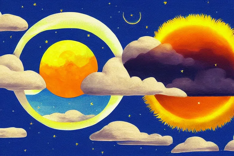 Prompt: sun, moon, sky, digital painting, illustrated by max hay
