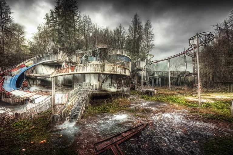 Image similar to creepy and wet abandoned waterpark, professional photography, highly detailed, sharp focus, hdr, 8 k, hd, trending on flickr, by marc adamus