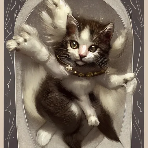 Prompt: A cute heraldic white kitty cat queen posing with one paw waving, D&D, fantasy, intricate, cinematic lighting, highly detailed, digital painting, artstation, concept art, smooth, sharp focus, illustration, art by Akihiko Yoshida, Greg Rutkowski and Alphonse Mucha