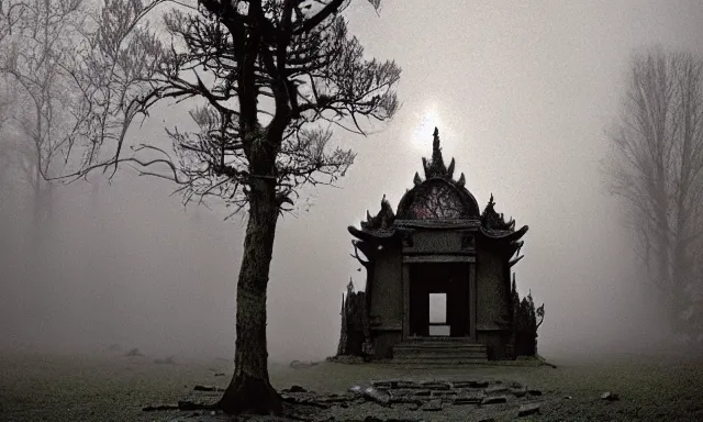 Prompt: a outside temple full of dark evil idol, landscape photograph taken by giger and beksinski and chaos and midnight sun and death fog