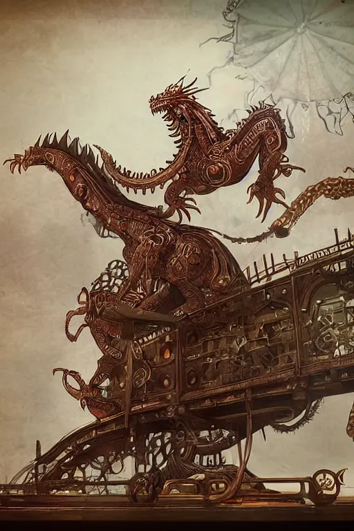 Image similar to illustration, live dragon, old sick gold and crimsoned scaled asian style dragon on a victorian plank of machinery with wires and gears and steam punk apparatus, matte painting, style of studio ghibli, concept art, featured in artstation and artgerm and pixiv, award winning, cinematic, 8 k