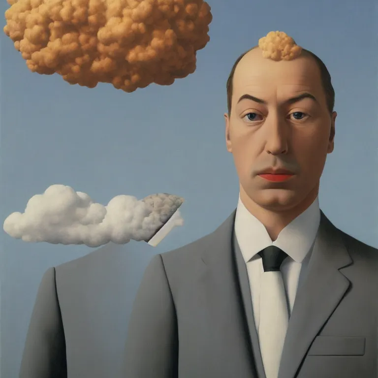 Image similar to portrait of a man in a suit, his head is a cloud, by rene magritte, detailed painting, hd, hq, high resolution, high detail, 4 k, 8 k