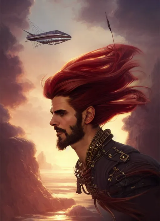 Image similar to 3/4 headshot of male airship pirate, D&D, handsome, fantasy, intricate, long hair, airship, steampunk, red hair, elegant, highly detailed, digital painting, artstation, concept art, smooth, sharp focus, illustration, art by artgerm and greg rutkowski and alphonse mucha