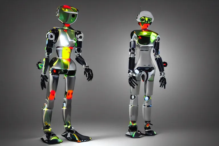 Image similar to a highly detailed render of a humanoid robot that has been switched on for the first time, The style is dark with lots of neon.