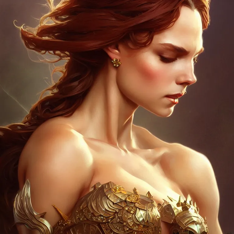 Image similar to queen hot female, muscular upper body,lean body,D&D, fantasy, intricate, elegant, highly detailed, digital painting, artstation, concept art, smooth, sharp focus, illustration, art by artgerm and greg rutkowski and alphonse mucha