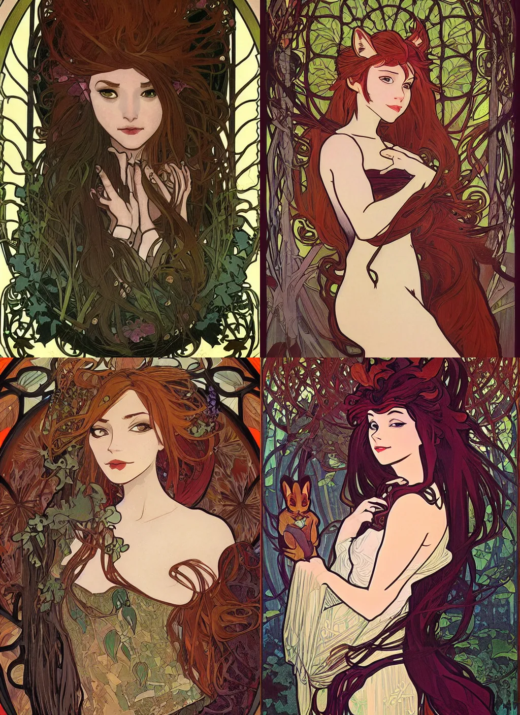 Prompt: detailed portrait of a beautiful Female Furry with an autumn forest rising out of her hair by Alphonse Mucha, Zootopia, Neo-Gothic, gothic, rich deep moody colors