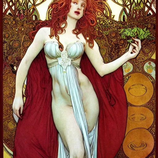 Prompt: beautiful ishtar goddess in long flowy dress, porcelain skin by rebecca guay and mucha, artstation, hq, hires, hd